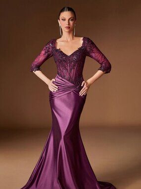 New Eggplant Mermaid Gown w/ Scoop Neck Lace Embroidery & 3/4 Sleeves CD731